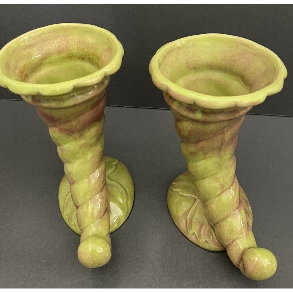 2 Vases West Coast Pottery California 210 Cornucopia Horn Vase Art Deco Vintage - Picture 3 of 10